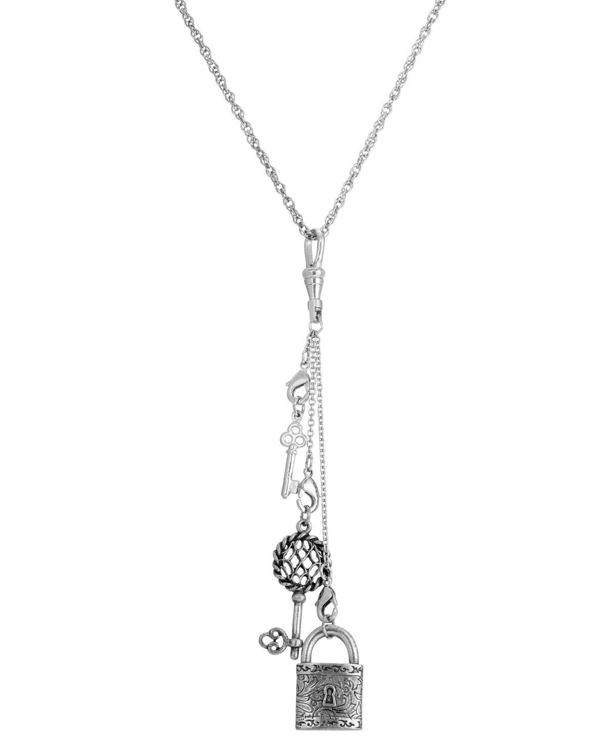 1928 Silver Tone Multi Charm Key Lock Necklace, Womens, Grey Product Image