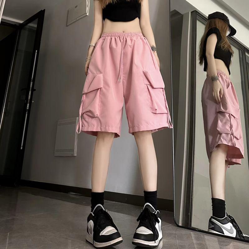 Mid Rise Plain Drawstring Shorts Product Image