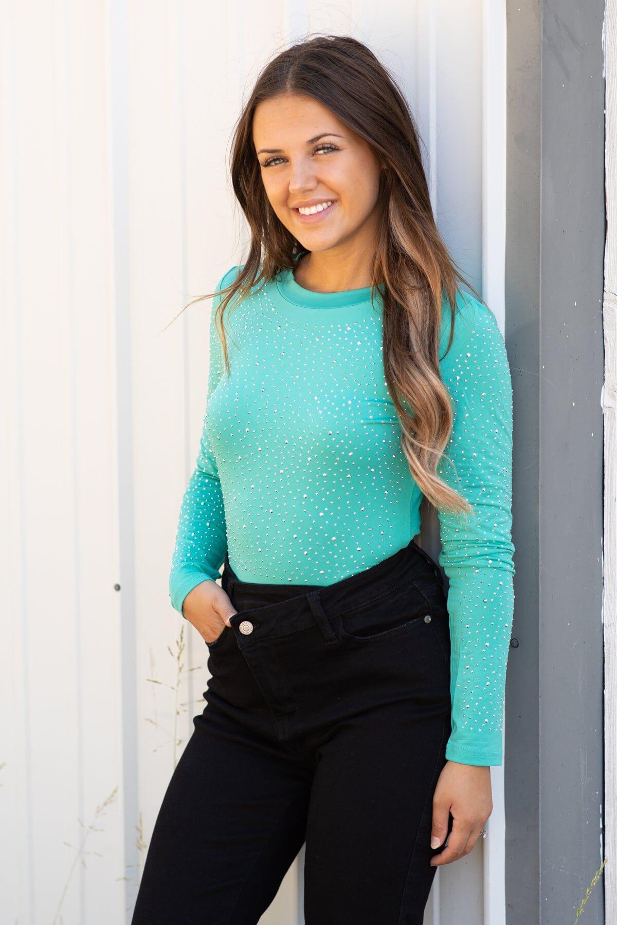 Mint Long Sleeve Bodysuit With Rhinestones Product Image