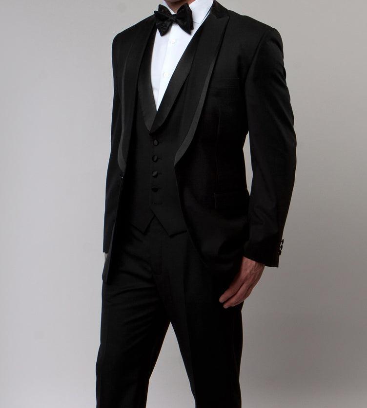 Black Slim Fit Tuxedo 3 Piece with Satin Shawl Collar Vest Product Image