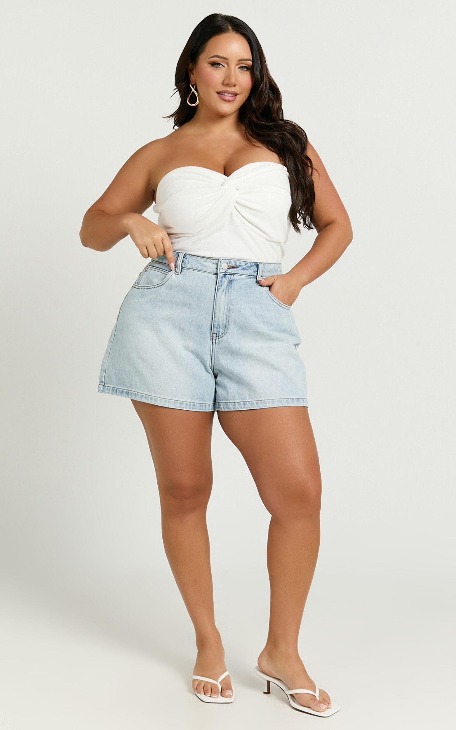 Seville Shorts - High Waisted Recycled Denim Shorts in Light Blue Wash Product Image