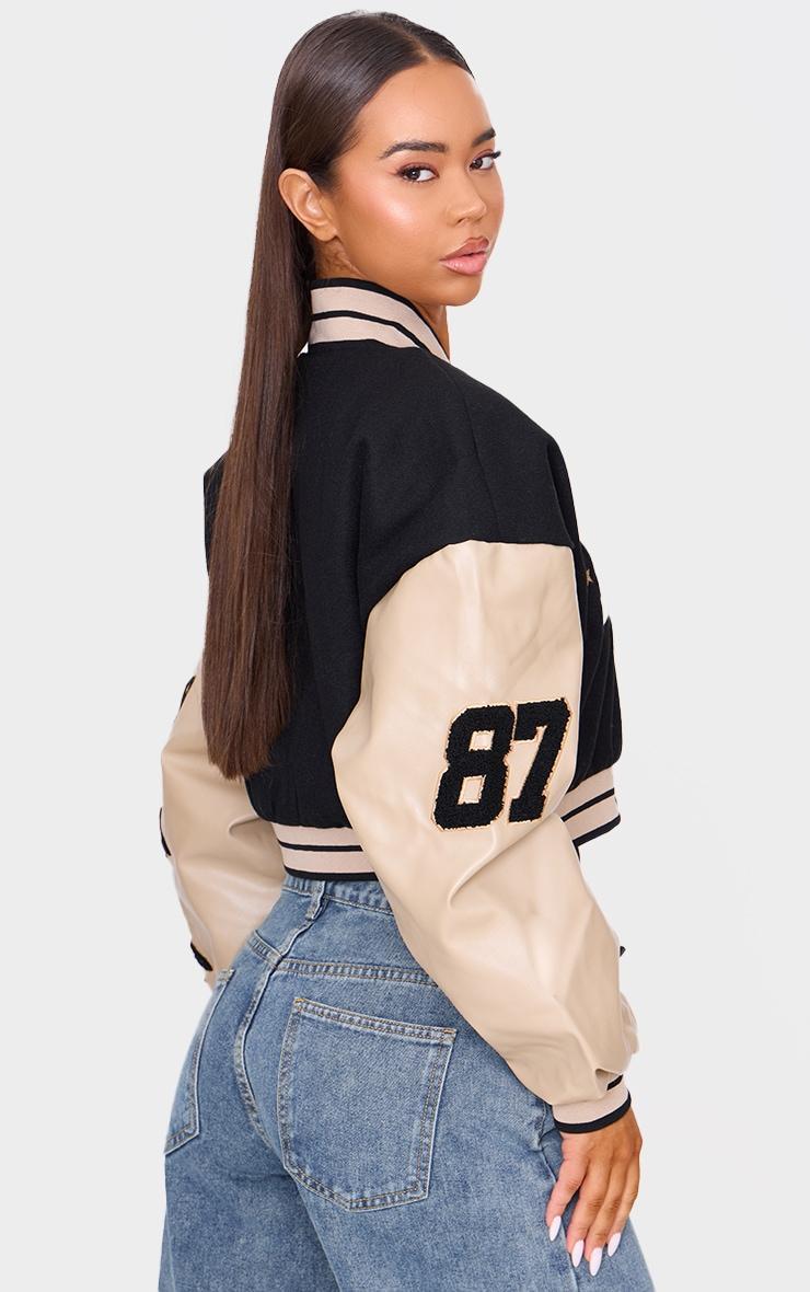 Oatmeal Wool Look Graphic Front Cropped Bomber Jacket Product Image