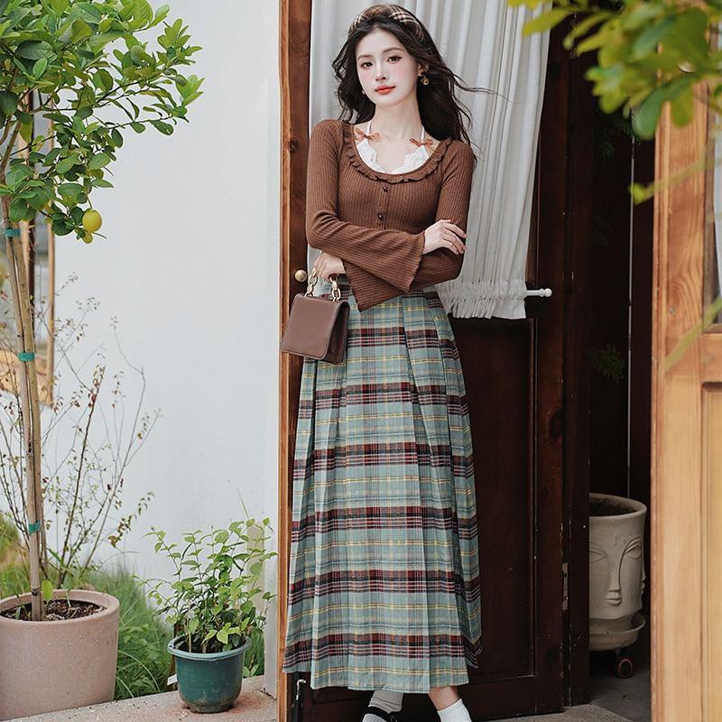 Set: Mock Two-Piece Long-Sleeve Halter Bow Button Crop Knit Top + High Rise Plaid Pleated Midi A-Line Skirt + Belt Product Image