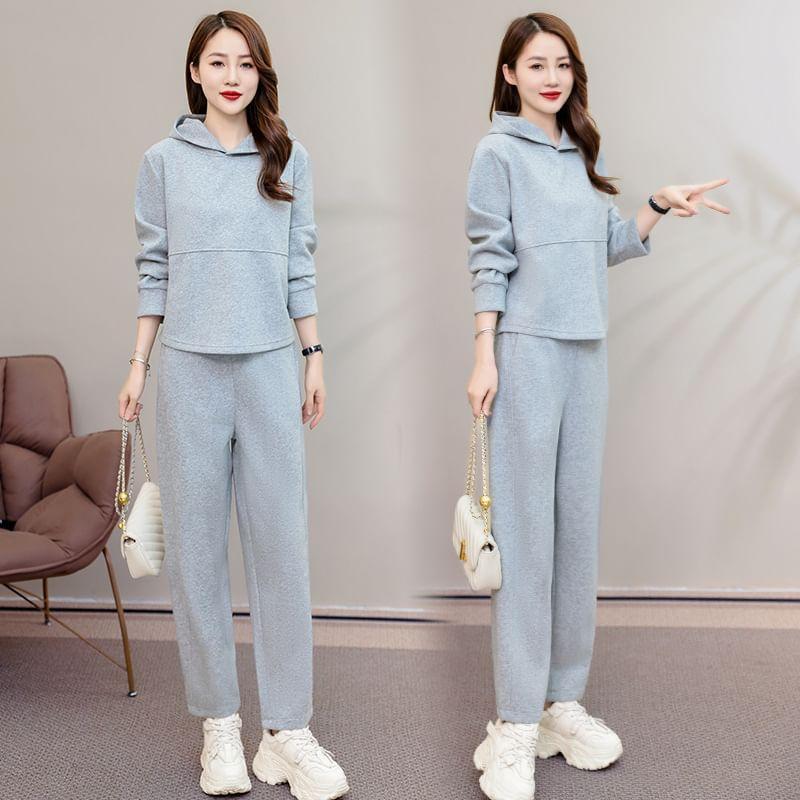 Set: Plain Hoodie + High Waist Cropped Harem Sweatpants Product Image