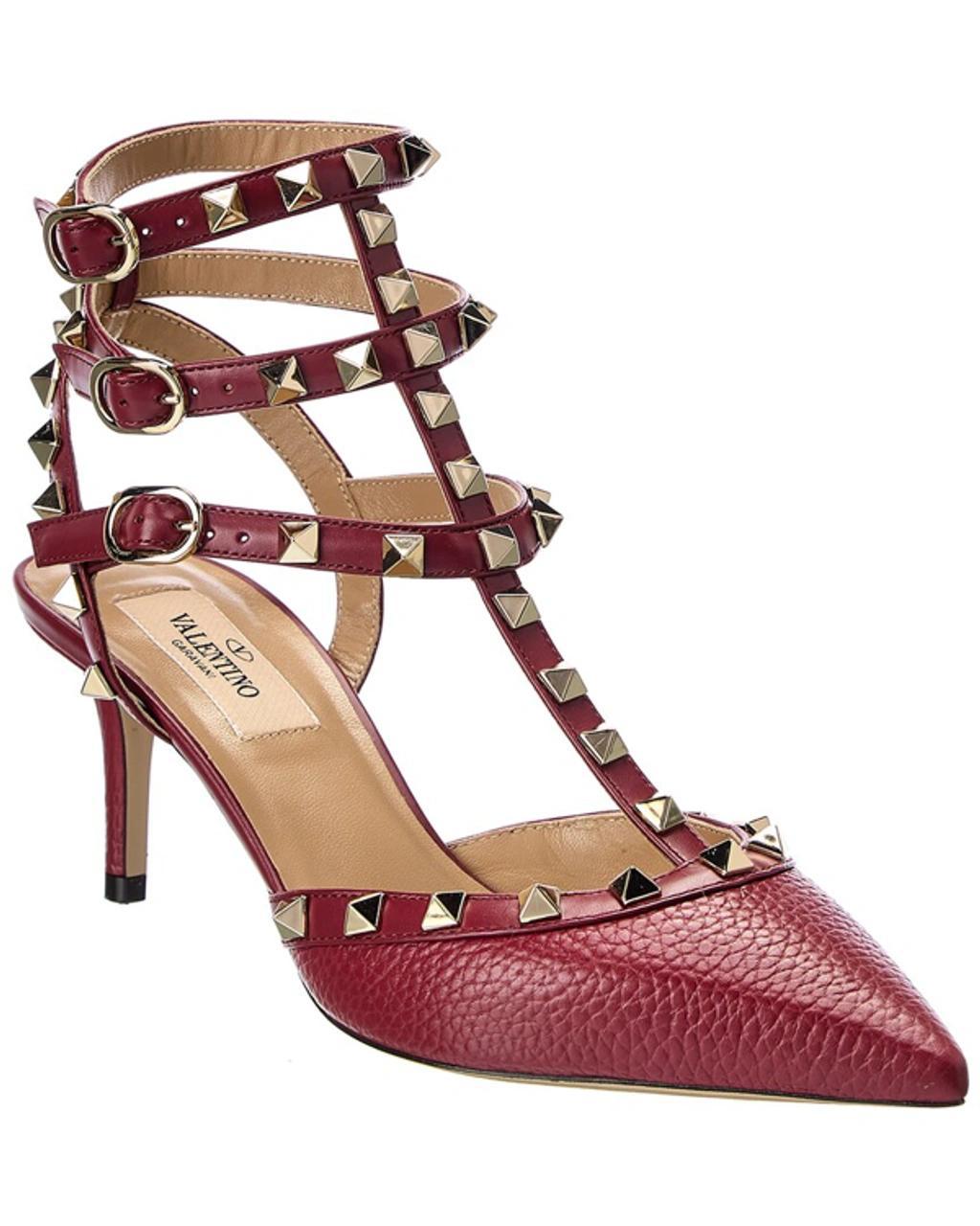 Rockstud Caged 65 Grainy Leather Ankle Strap Pump In Red Product Image