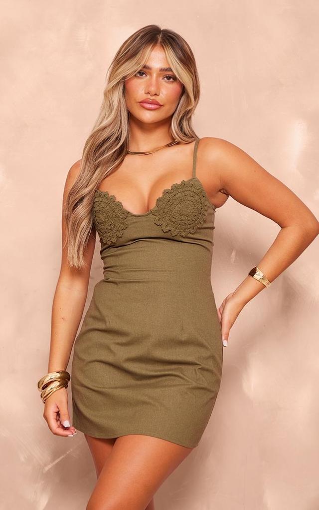 Khaki Linen Look Embroidered Cup Bodycon Dress Product Image