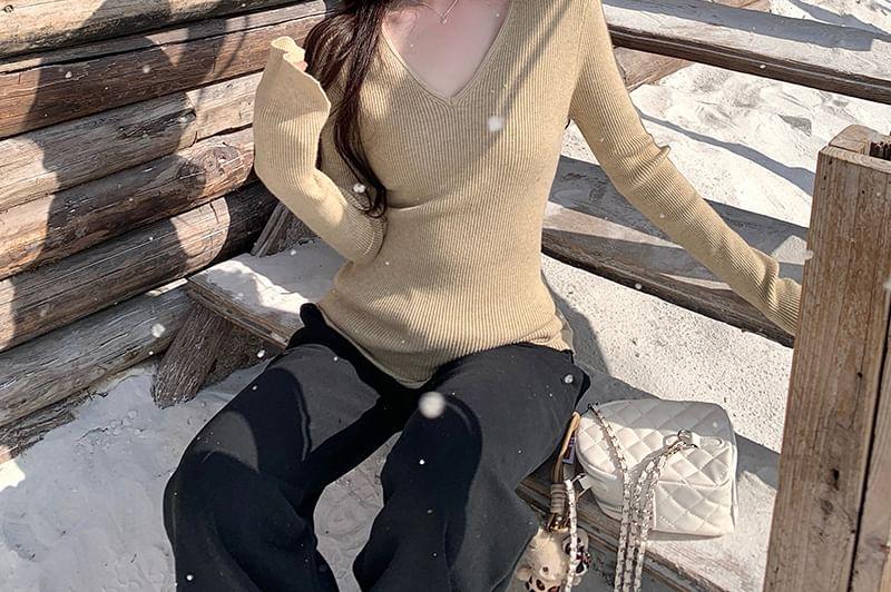 V-Neck Ribbed-Knit Top in 5 Colors Product Image