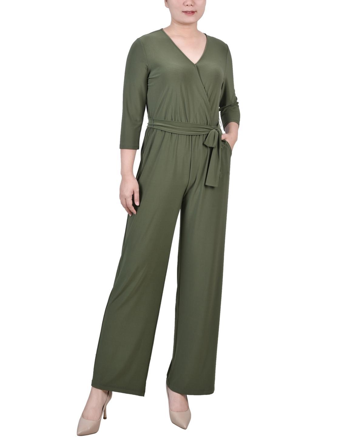 Ny Collection Petite Short 3/4 Sleeve Belted Wide Leg Jumpsuit Product Image