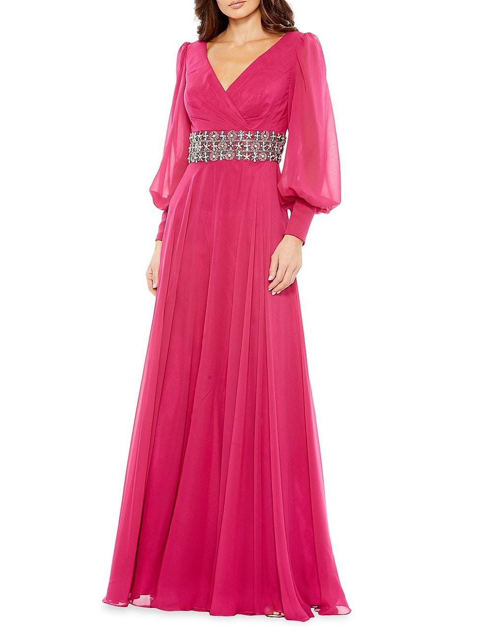 Womens Bishop-Sleeve Wrap Belted Flowy Gown Product Image