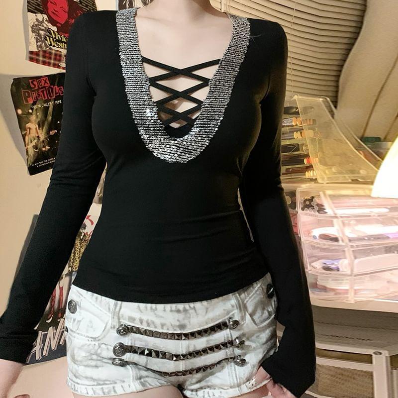 Long-Sleeve Sequin Trim Crop Top Product Image