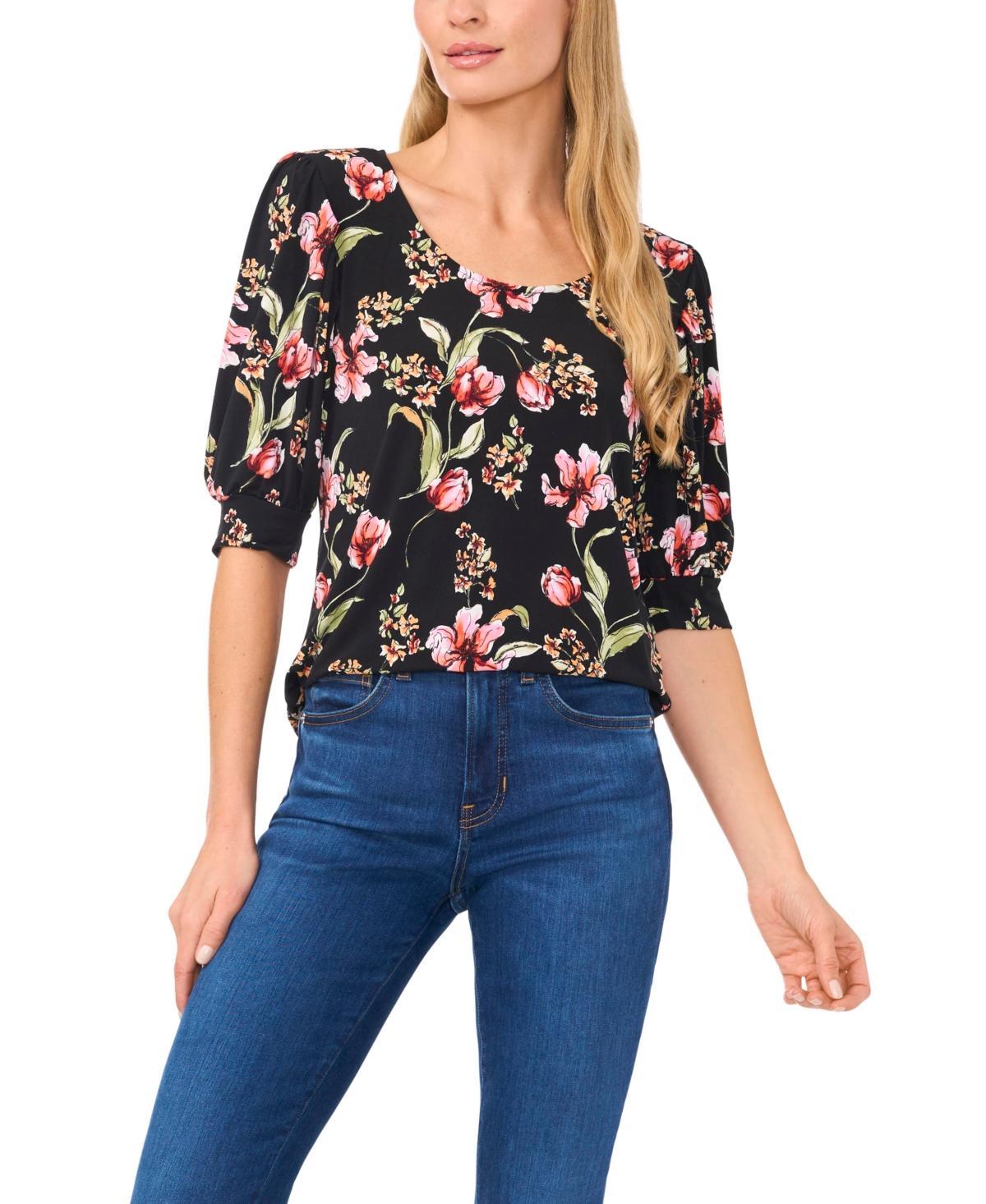 CeCe Womens Floral Crew Neck Knit Puff Sleeve Top Product Image