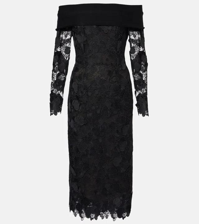 OSCAR DE LA RENTA Orchid Floral Guipure Midi Dress In Black Product Image