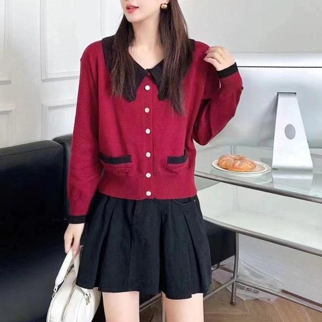 Collared Contrast Trim Button-Up Crop Cardigan Product Image