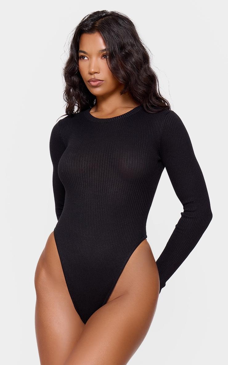 Black Ribbed Knit Long Sleeve Bodysuit Product Image