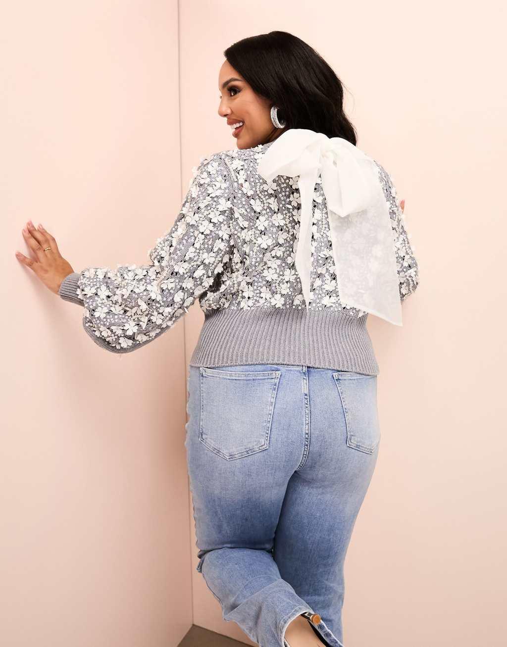 ASOS LUXE Curve embellished knit sweater with organza bow back Product Image