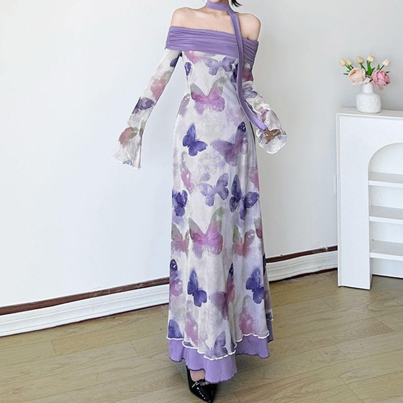 Bell Sleeve Off-Shoulder Butterfly Print Mesh Panel Maxi Bodycon Dress Product Image