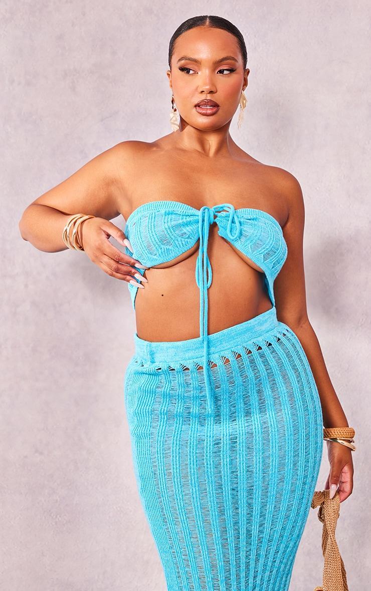 Plus Blue Knitted Tie Front Bandeau Top Product Image