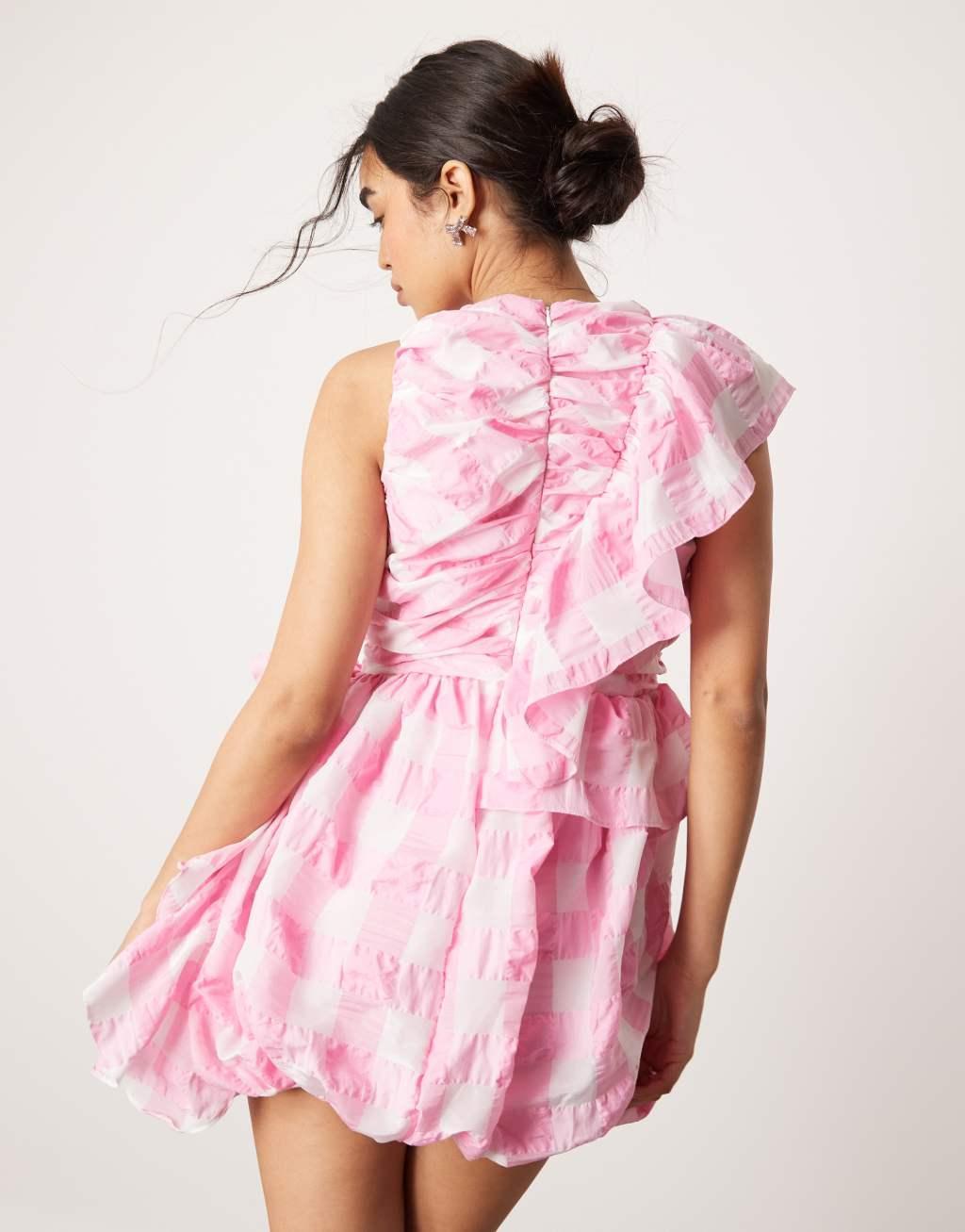 ASOS DESIGN ruffle mini dress with puffball skirt in oversized pink check Product Image