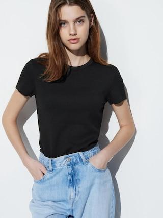 Womens Soft Ribbed Crew Neck Short-Sleeve T-Shirt Black Medium UNIQLO US Product Image