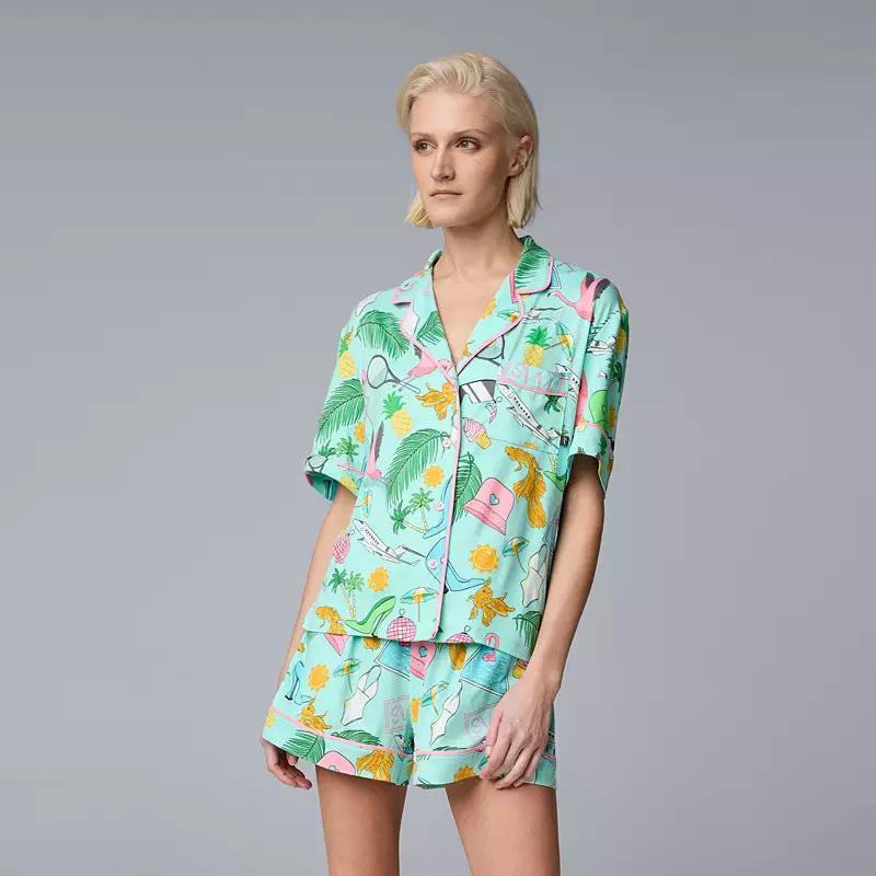 Womens Simply Vera Vera Wang Cozy Notch Collar Short Sleeve Top & Boxer Shorts Pajama Set Turq/Blue Product Image