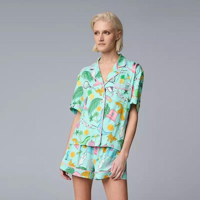 Womens Simply Vera Vera Wang Cozy Notch Collar Short Sleeve Top & Boxer Shorts Pajama Set Turquoise Tropical Product Image