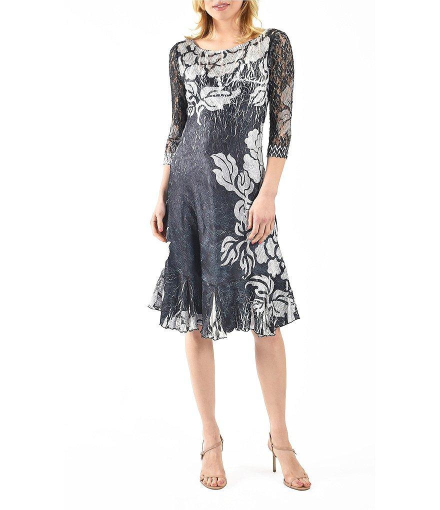 Komarov Floral Print Charmeuse Lace Boat Neck 3/4 Illusion Sleeve A-Line Dress Product Image