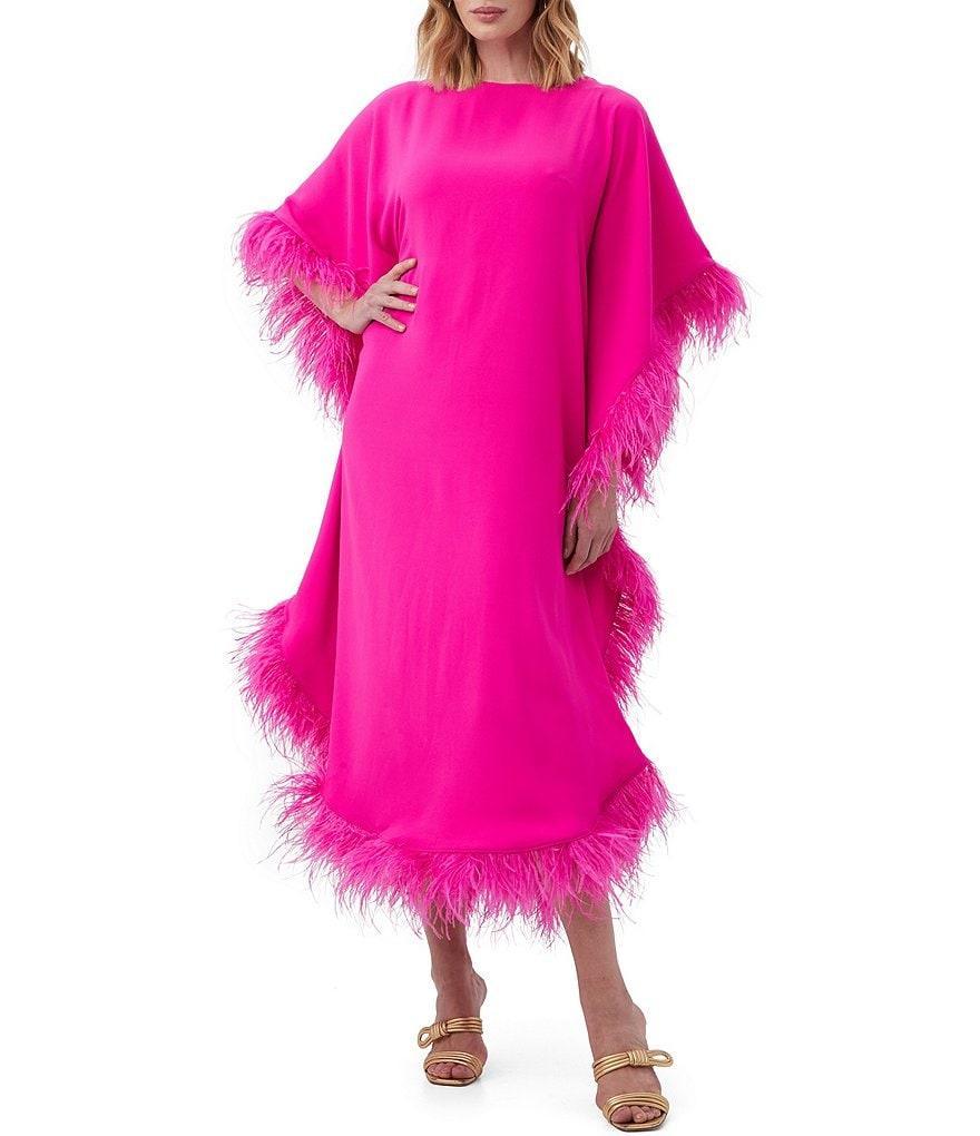 Trina Turk Neena Boat Neck Dolman Sleeve Feather Trim Maxi Caftan Dress Product Image