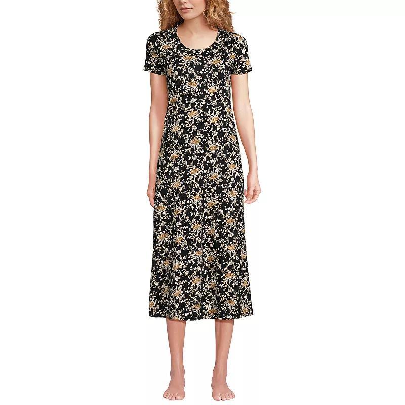 Womens Lands End Short Sleeve Mid-Calf Length Nightgown Navy Purple Ditsy Product Image