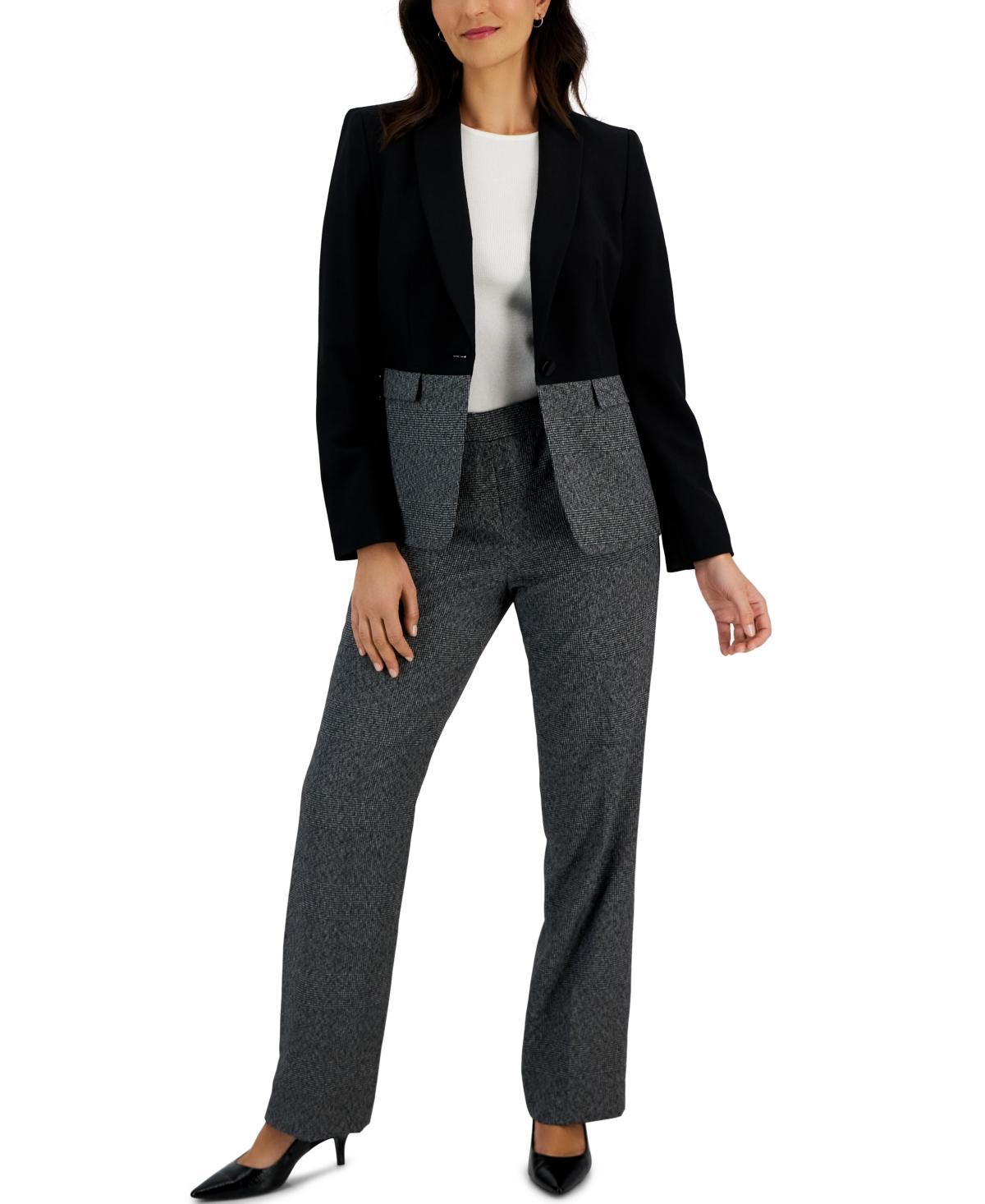 Le Suit Womens Houndstooth Colorblocked Jacket & Side-Zip Pants - Black Product Image