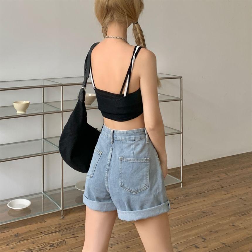 High Waist Washed Wide Leg Denim Shorts Product Image