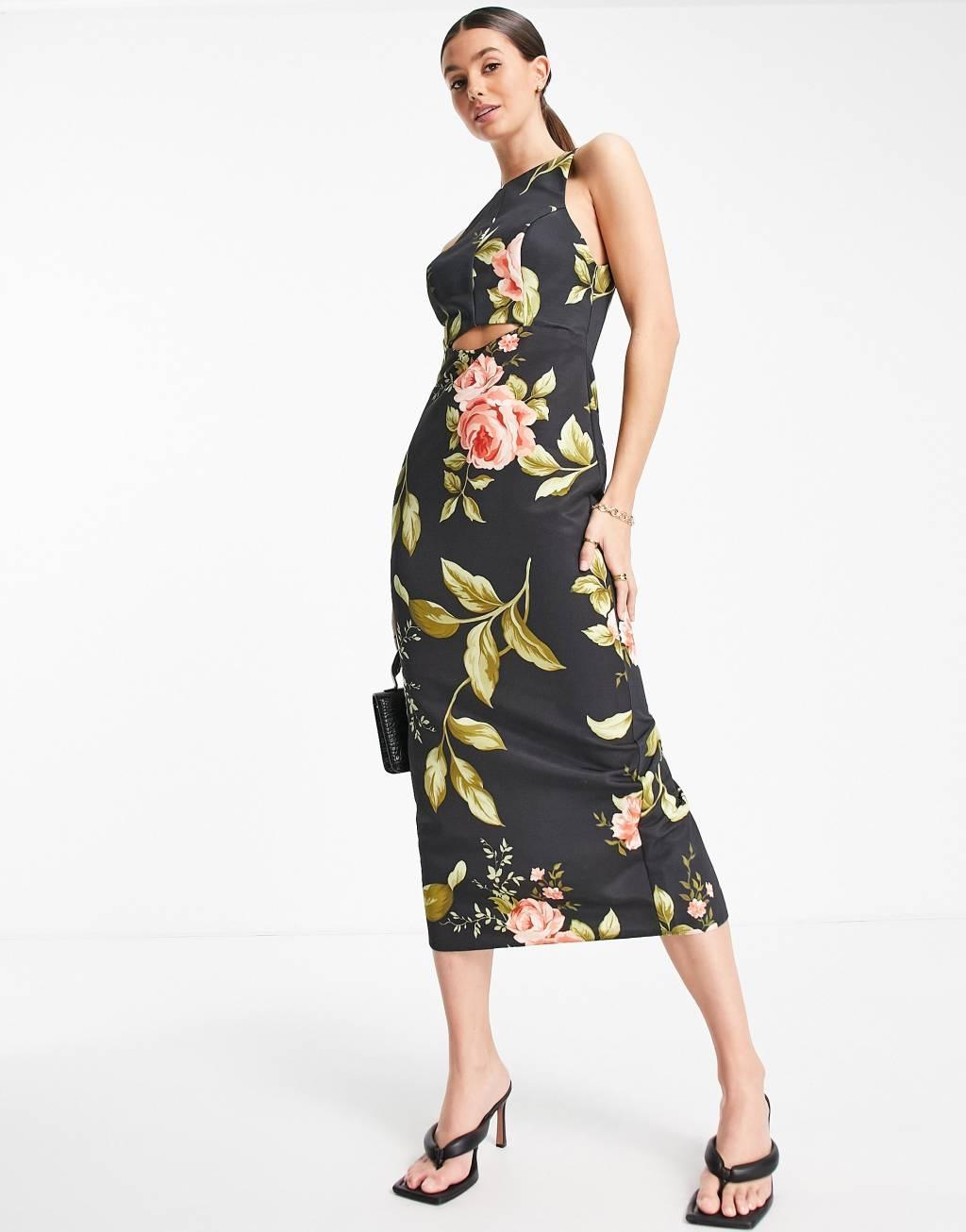 ASOS DESIGN Tall racer neck structured midi dress with cut out detail in floral print Product Image