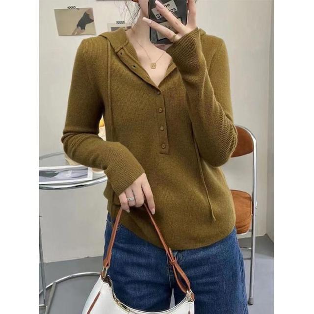 Long-Sleeve Henley Drawstring Hooded Knit Top Product Image