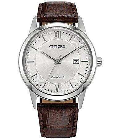 Menâs Citizen Eco-DriveÂ® Classic Brown Leather Strap Watch with Silver-Tone Dial (Model: Aw1780-25A) Product Image