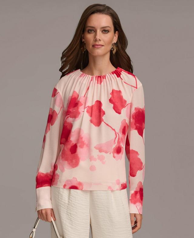 Donna Karan Womens Floral-Print Shirred Blouse Product Image