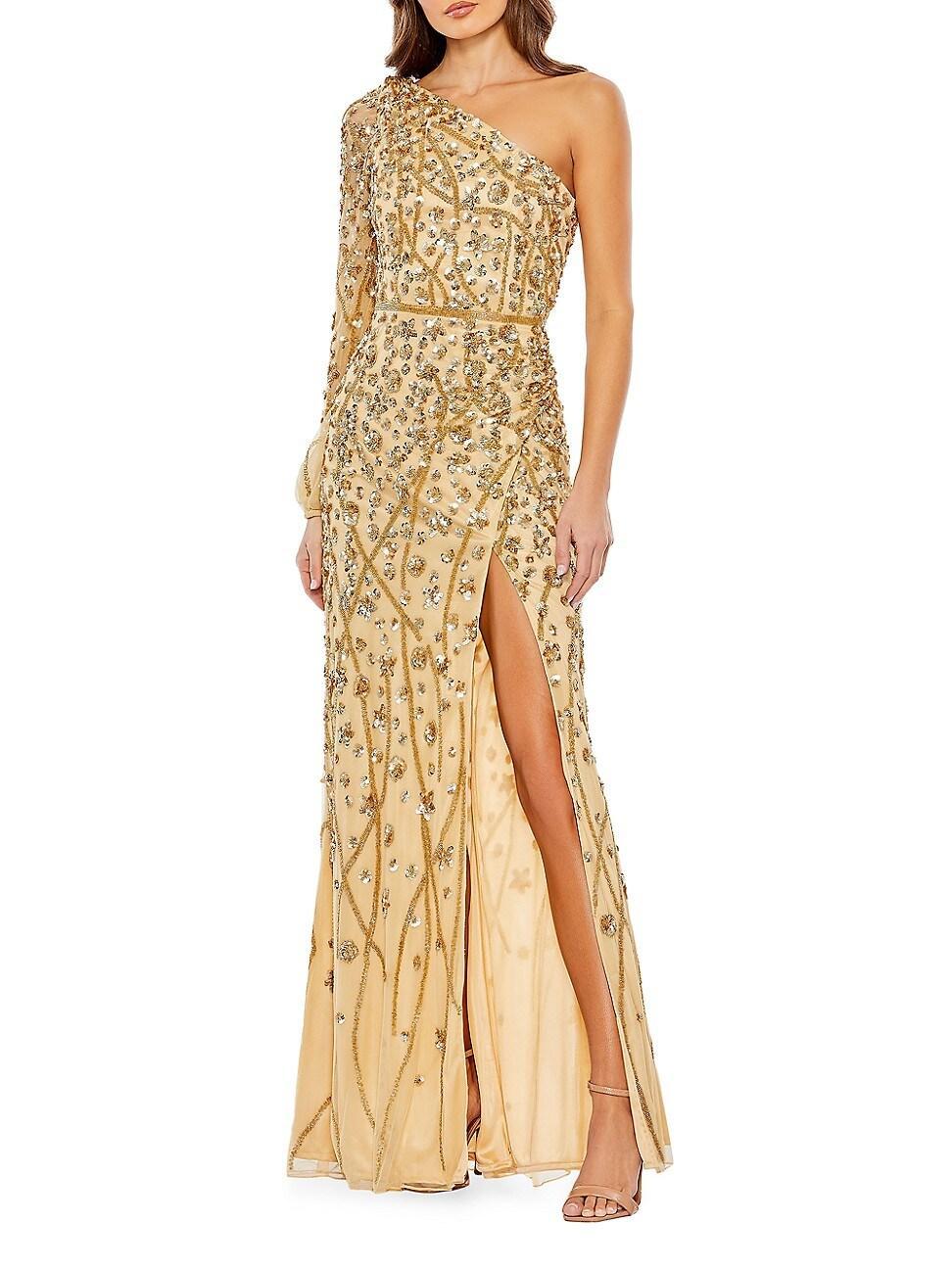 Womens Sequin One-Shoulder Wrap Gown Product Image