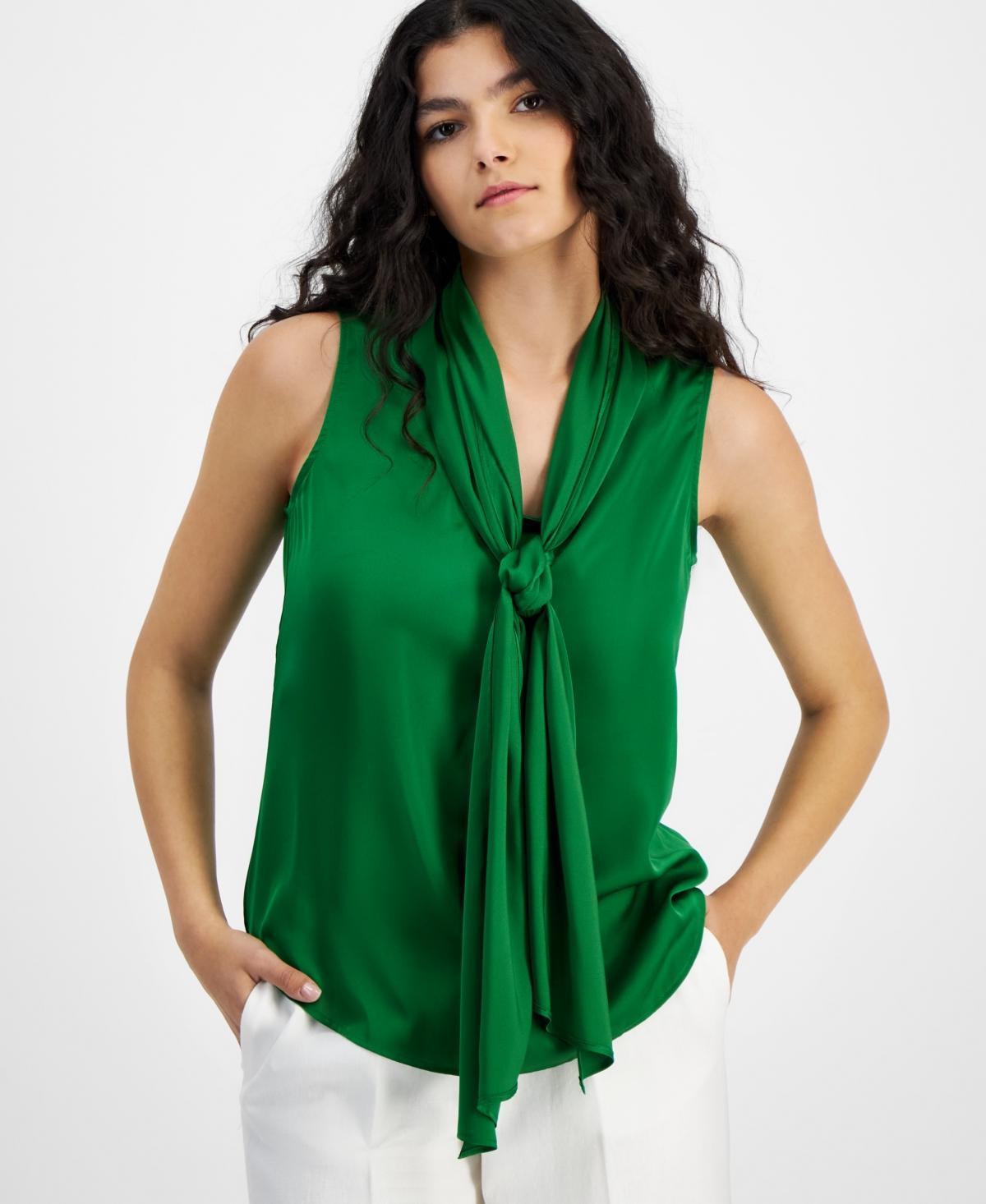 Bar Iii Womens Tie-Neck Sleeveless Satin Blouse, Created for Macys Product Image