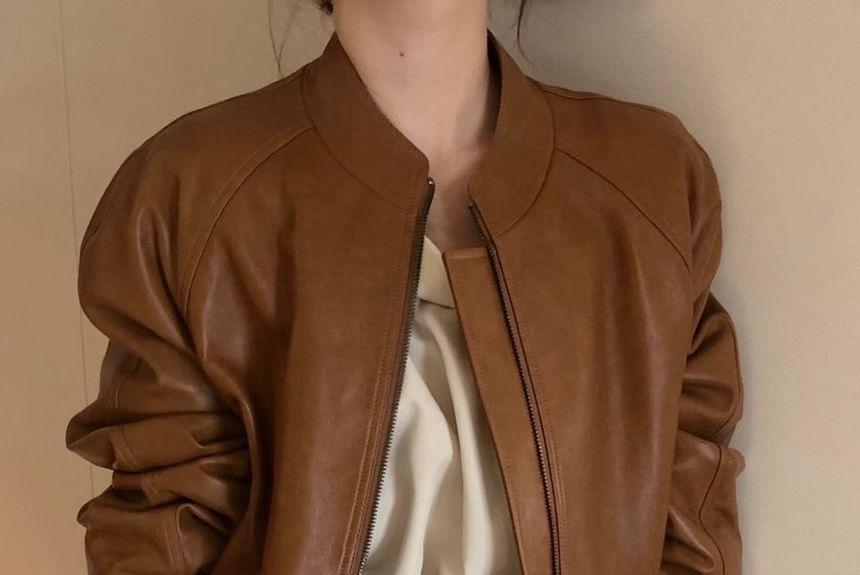 Plain Faux Leather Zip Bomber Jacket product image