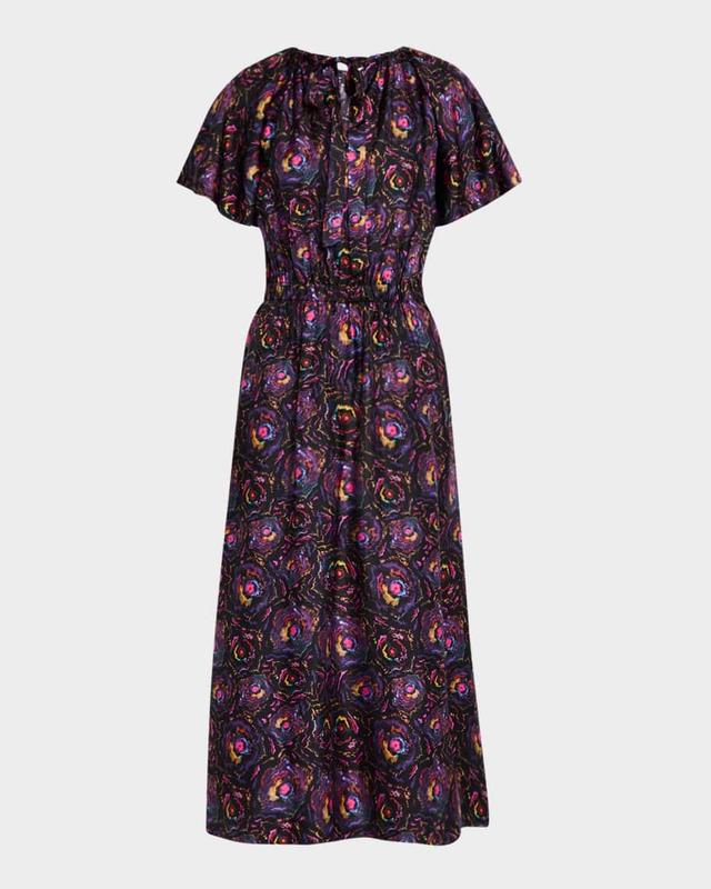 Floral-Print Flutter-Sleeve Midi Silk Dress Product Image