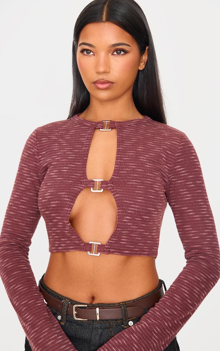 Brown Distressed Look Buckle Detail Long Sleeve Top Product Image