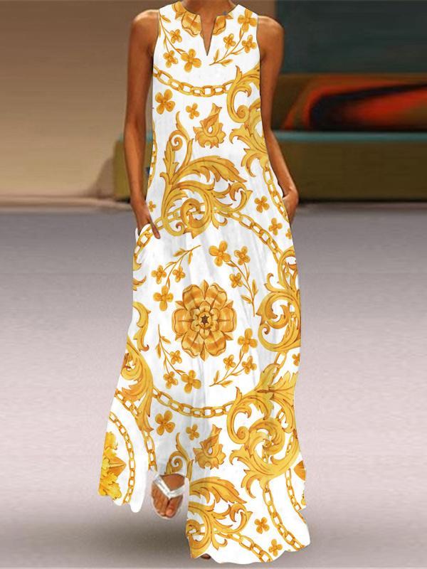 Loose Sleeveless Flower Print Pockets V-Neck Maxi Dresses Product Image