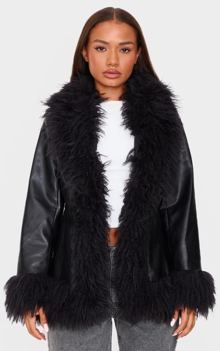 Petite Black Faux Leather Longline Jacket With Fur Trims Product Image