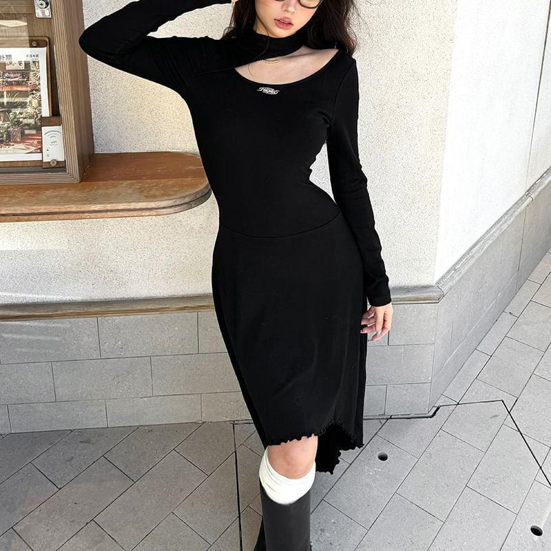 Long Sleeve Mock Neck Cut-Out Plain Slim-Fit Midi Bodycon Dress Product Image