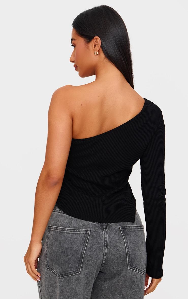 Petite Black Ribbed One Shoulder Top Product Image