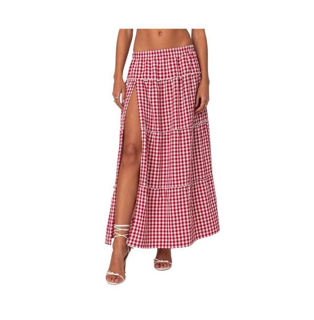 Edikted Womens Gingham Side Slit Tiered Maxi Skirt Product Image