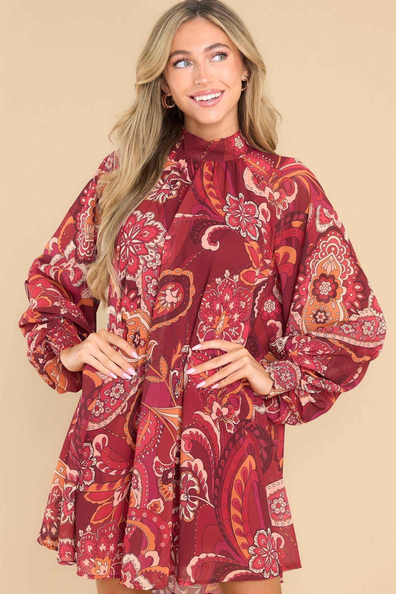 Aura Creative Dreamer Burgundy Multi Print Dress Product Image