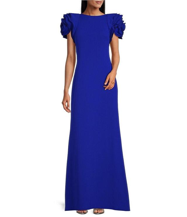 Tadashi Shoji Crepe Boat Neck Cap Rosette Sleeve Gown Product Image