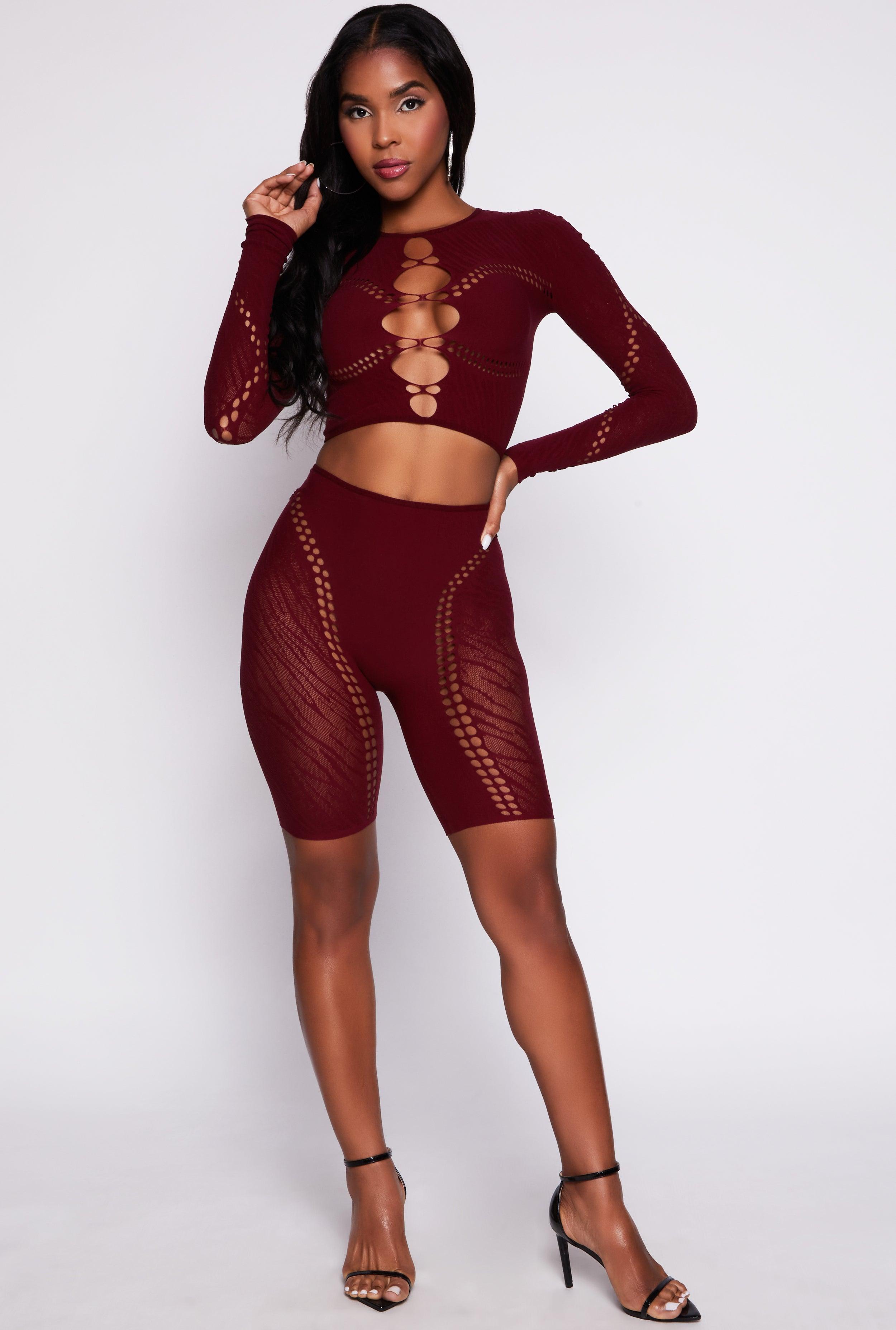 Womens Seamless Laser Cut Crop Top and Biker Shorts Set Product Image