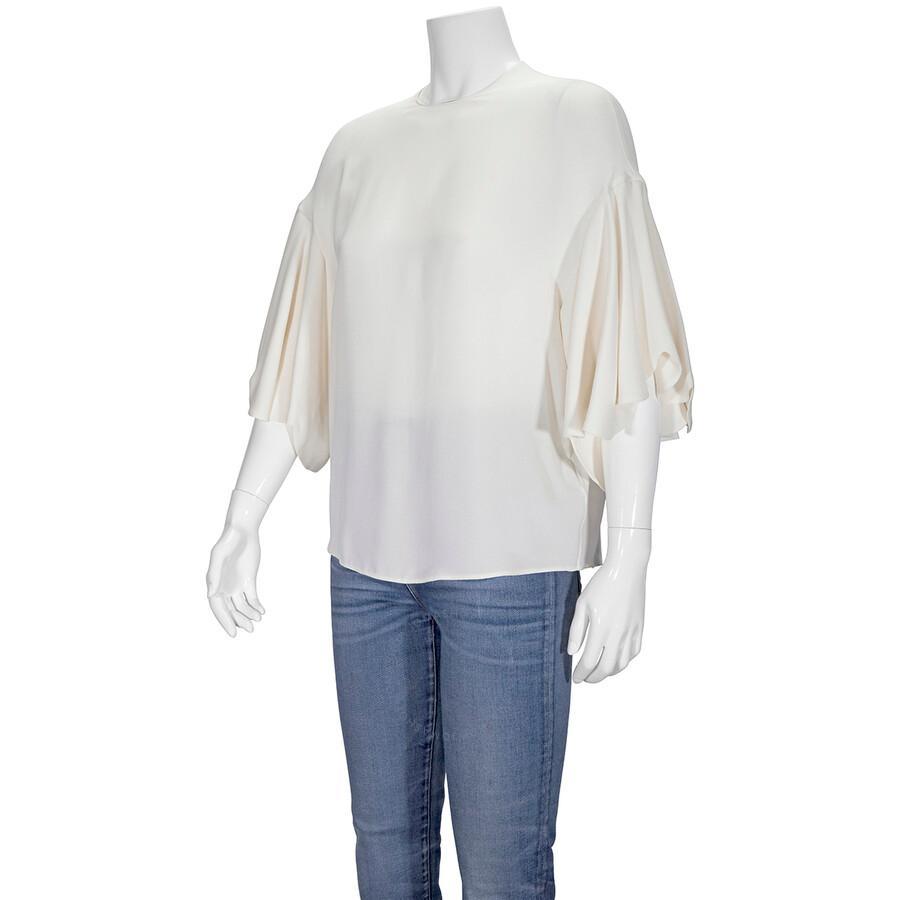 Ladies White Ruffle Sleeves Silk Blouse Product Image