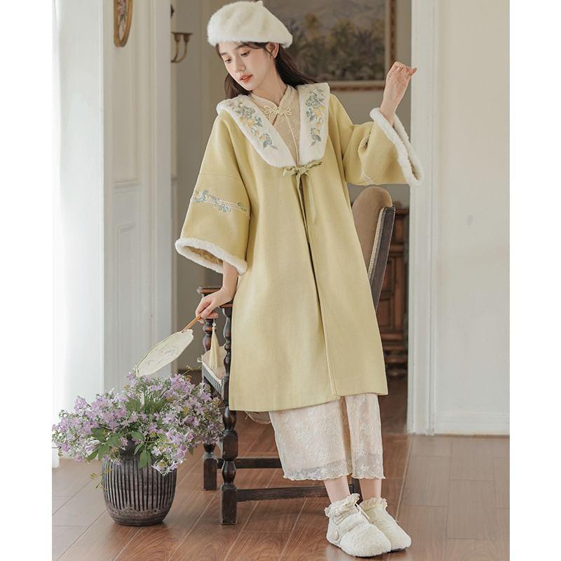 Flared-Sleeve Flower Embroidered Fluffy Trim Midi Coat / Fluffy Scarf / Set Product Image