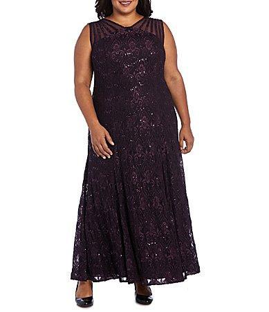 R  M Richards Illusion Shoulder High V-Neck Sleeveless Lace Sheath Gown Product Image